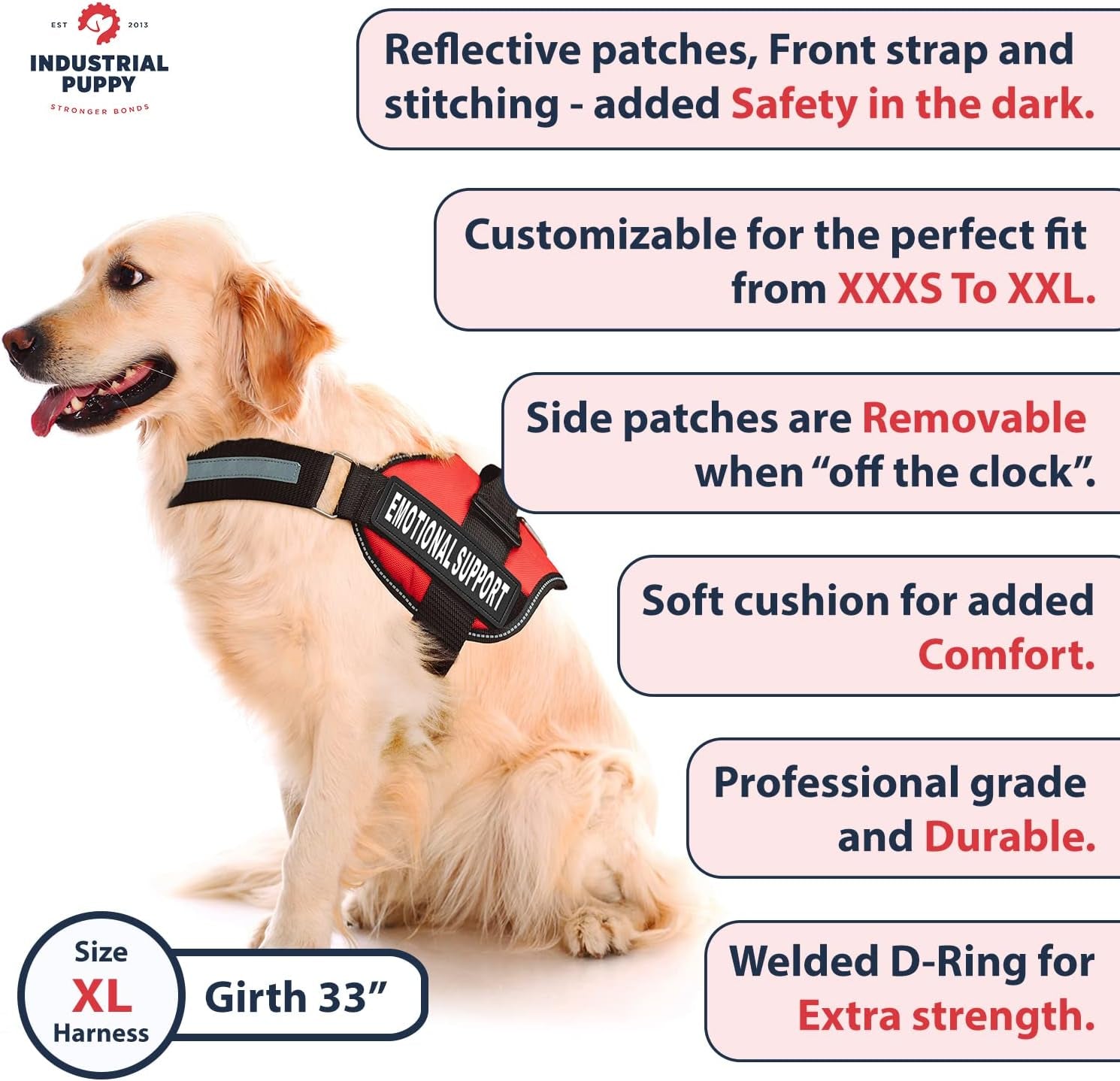 Emotional Support Dog Vest Harness with Reflective Straps, Interchangeable Patches, and Matching ESA Leash Set - ESA Dog Vest in 7 Adjustable Sizes - Heavy Duty Vests for Working or in Training Dogs