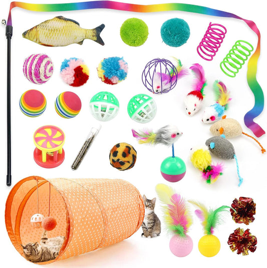 27Pcs Cat Toys Kitten Toys Assorted,Cat Tunnel Catnip Fish Feather Teaser Wand Fish Fluffy Mouse Mice Balls Tumbler Mouse Color Funny Cat Stick and Bells Toys for Cat Puppy Kitty.