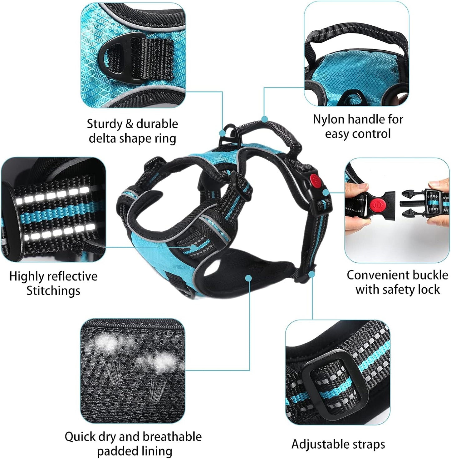 No Pull Dog Harness, Adjustable Soft Padded Dog Vest, Medium Large Dog Harness with 5FT Dog Leash,Reflective No-Choke Pet Oxford Vest with Easy Control Handle Blue