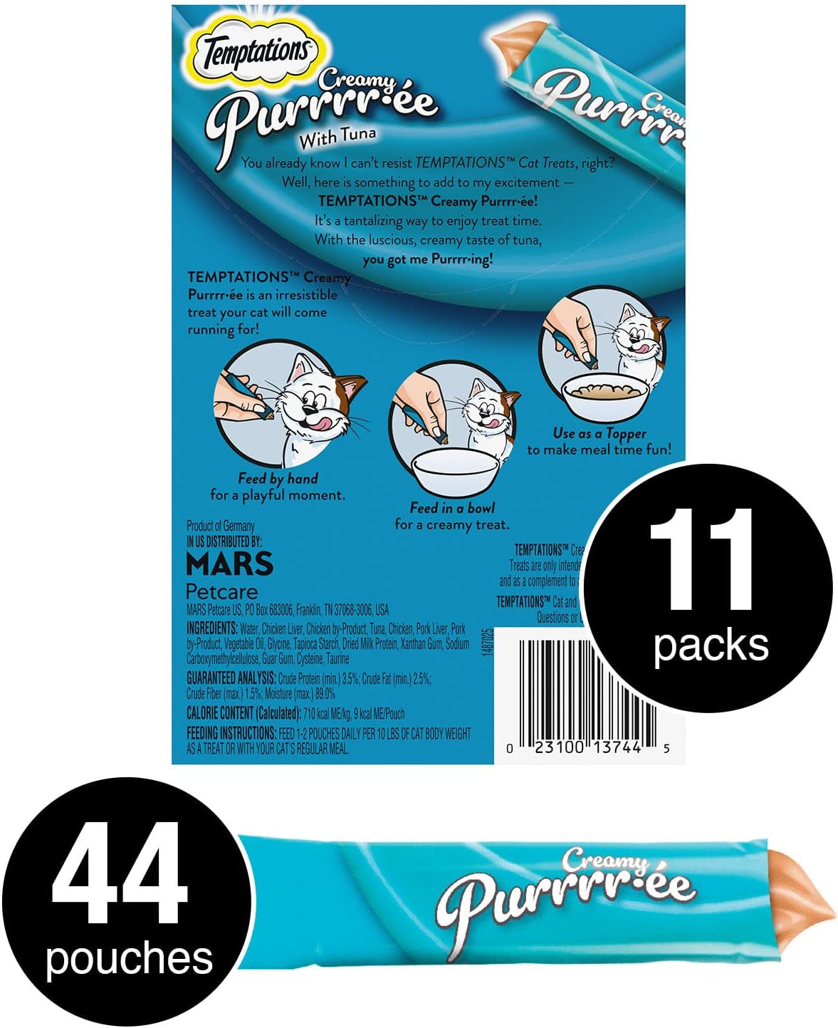 Creamy Puree Squeezable Lickable Wet Cat Treats with Tuna, 0.42 Oz. Tubes, 4 Count, Pack of 11 (44 Total)