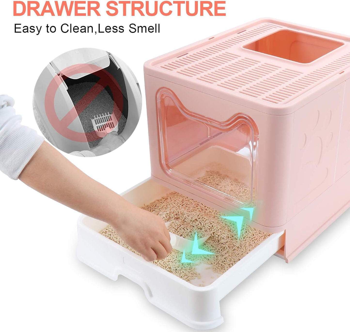 Enclosed Litter Box, Large, Foldable Top Entrance, Easy Clean, No Smell, Pink, Plastic, Cat Litter Box with Lid