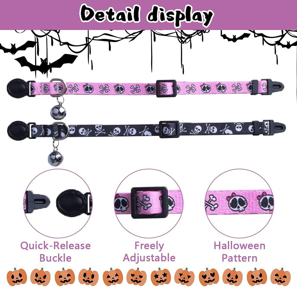 Breakaway Cat Collar with Bell Charm, 2 Packs Adjustable Kitty Collars Pink & Black Skull Pattern, 7.8-11.8 In