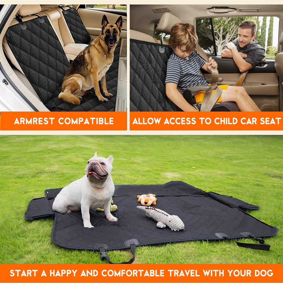 Waterproof Dog Car Seat Cover - Non-Slip Back Seat Protector for Cars, Trucks & SUVs - Fits Most Mid-Armrest Designs - Black