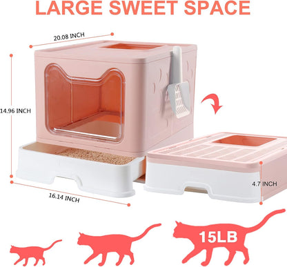 Enclosed Litter Box, Large, Foldable Top Entrance, Easy Clean, No Smell, Pink, Plastic, Cat Litter Box with Lid