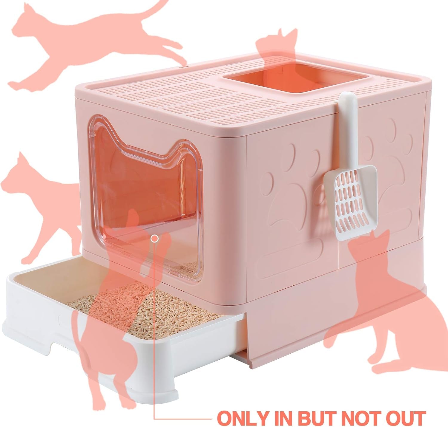 Enclosed Litter Box, Large, Foldable Top Entrance, Easy Clean, No Smell, Pink, Plastic, Cat Litter Box with Lid