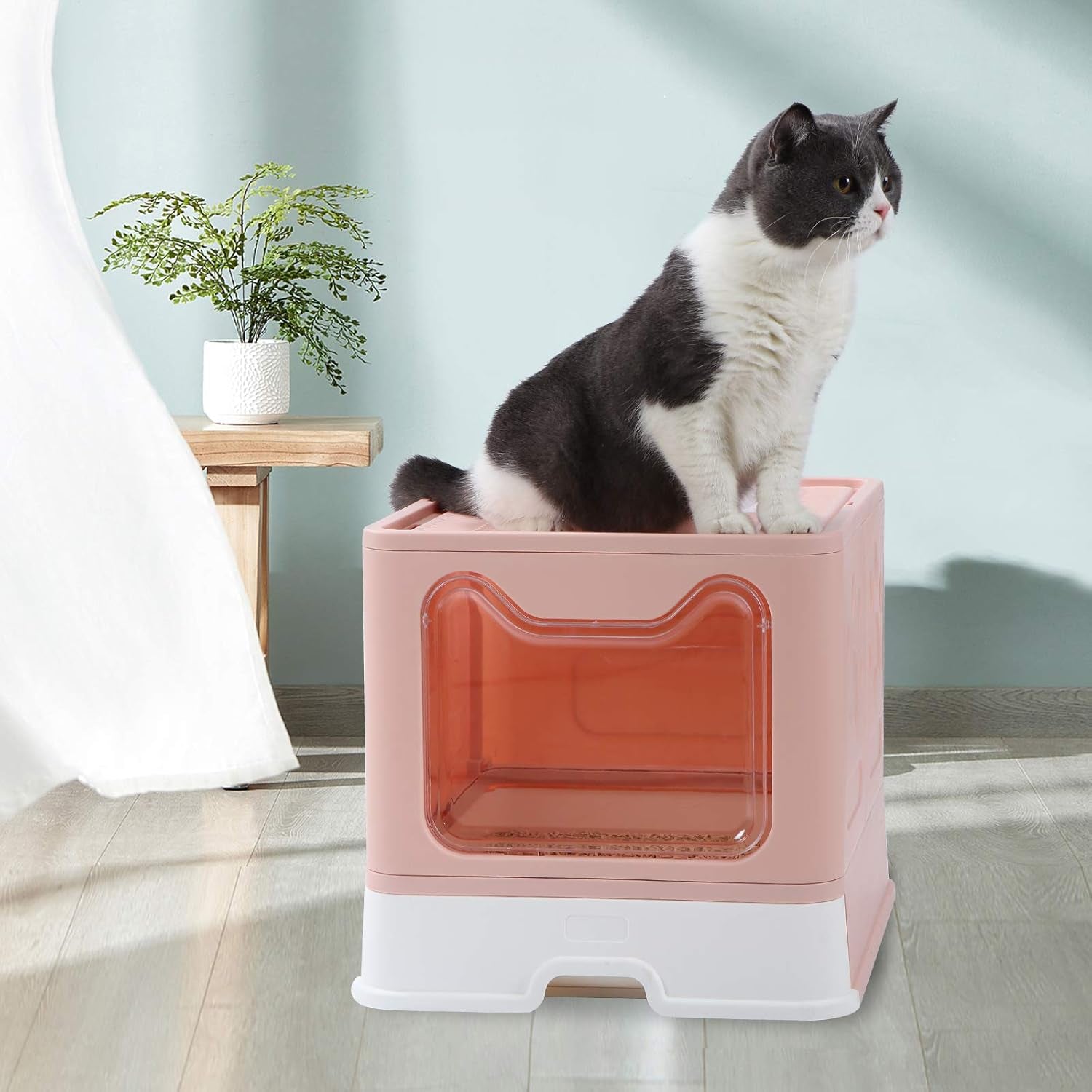 Enclosed Litter Box, Large, Foldable Top Entrance, Easy Clean, No Smell, Pink, Plastic, Cat Litter Box with Lid