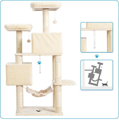 Large Multi-Level Cat Tree Condo Furniture with Sisal-Covered Scratching Posts, 2 Bigger Plush Condos, Perch Hammock for Kittens, Cats and Pets Beige MPJ020M