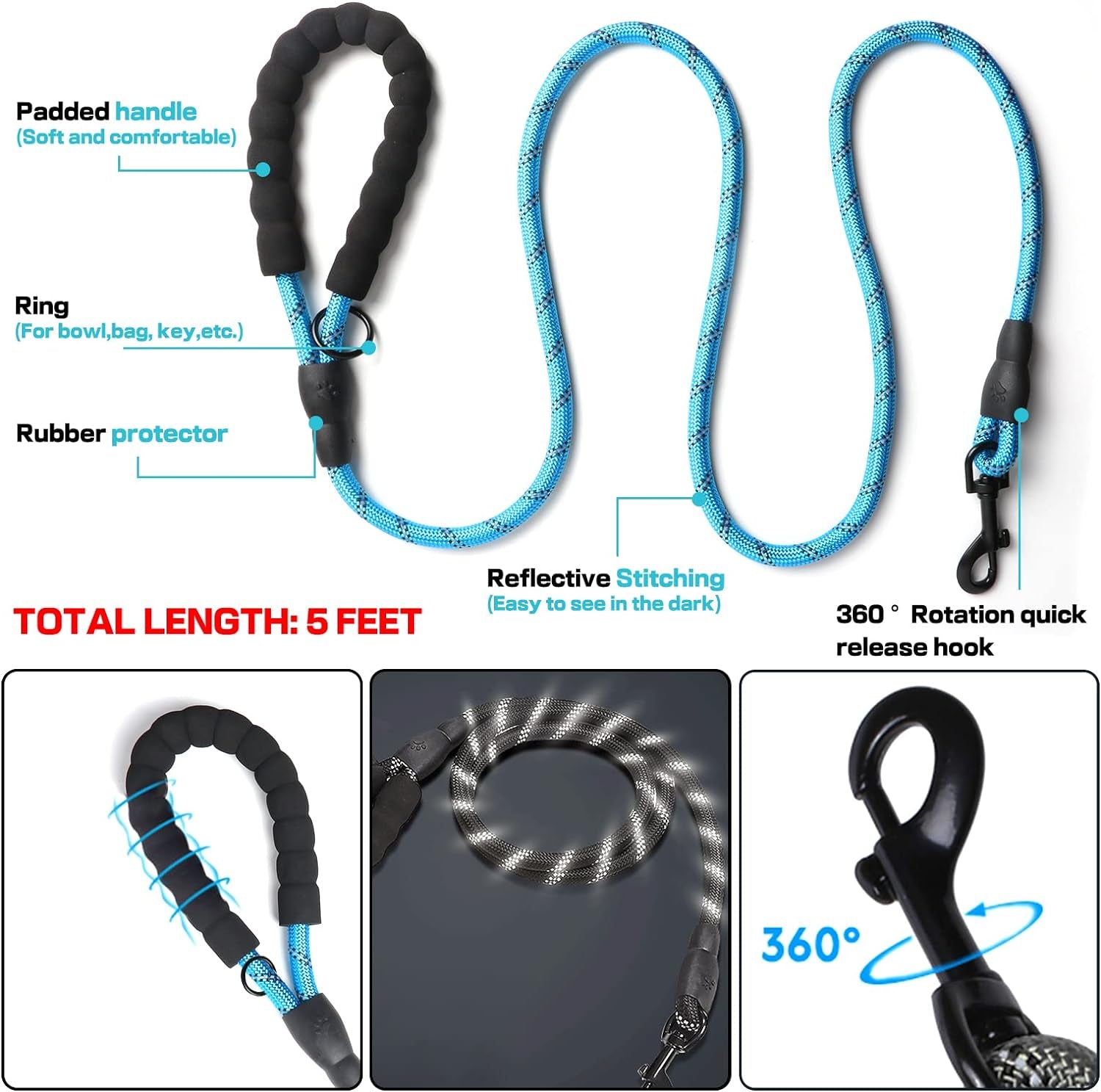 No Pull Dog Harness, Adjustable Soft Padded Dog Vest, Medium Large Dog Harness with 5FT Dog Leash,Reflective No-Choke Pet Oxford Vest with Easy Control Handle Blue